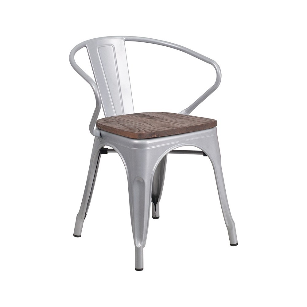 Silver Metal Chair with Wood Seat and Arms