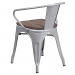 Silver Metal Chair with Wood Seat and Arms