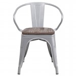 Silver Metal Chair with Wood Seat and Arms