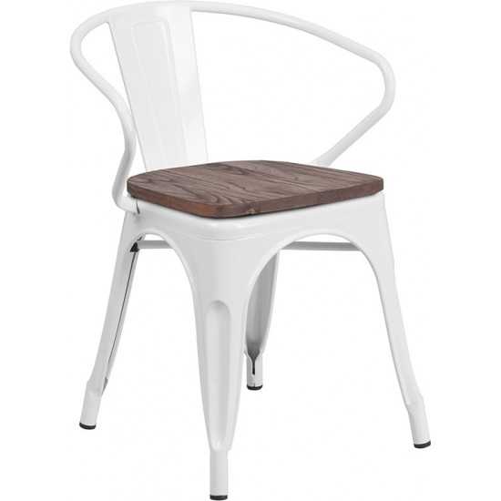 White Metal Chair with Wood Seat and Arms