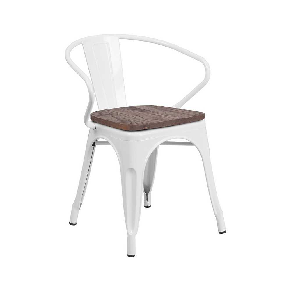 White Metal Chair with Wood Seat and Arms