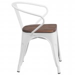 White Metal Chair with Wood Seat and Arms