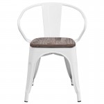 White Metal Chair with Wood Seat and Arms