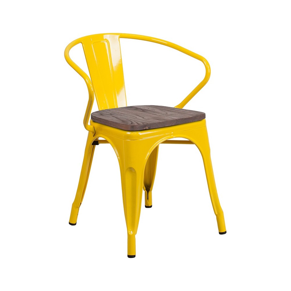 Yellow Metal Chair with Wood Seat and Arms