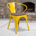 Yellow Metal Chair with Wood Seat and Arms