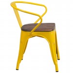 Yellow Metal Chair with Wood Seat and Arms