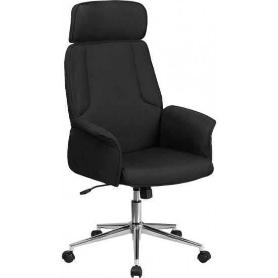 High Back Black Fabric Executive Swivel Office Chair with Chrome Base and Fully Upholstered Arms