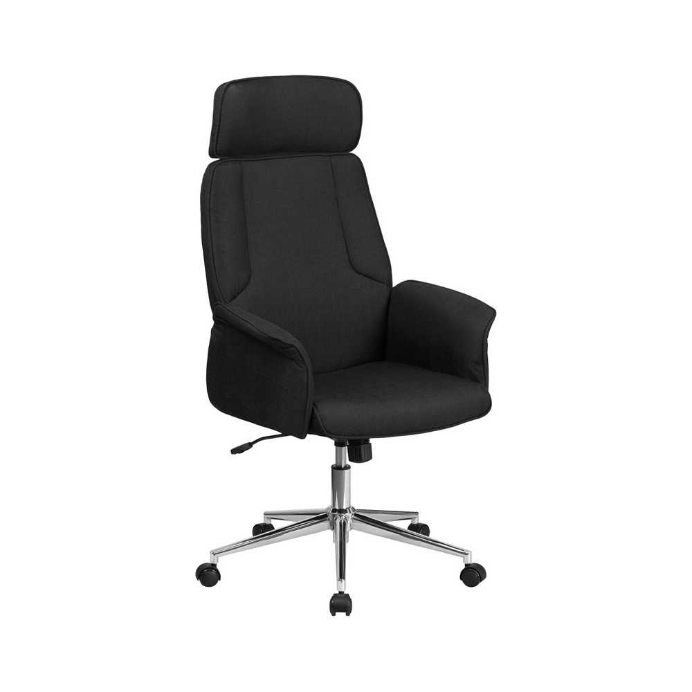 High Back Black Fabric Executive Swivel Office Chair with Chrome Base and Fully Upholstered Arms