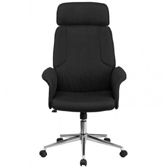 High Back Black Fabric Executive Swivel Office Chair with Chrome Base and Fully Upholstered Arms