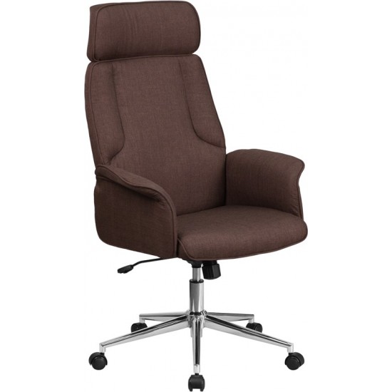 High Back Brown Fabric Executive Swivel Office Chair with Chrome Base and Fully Upholstered Arms