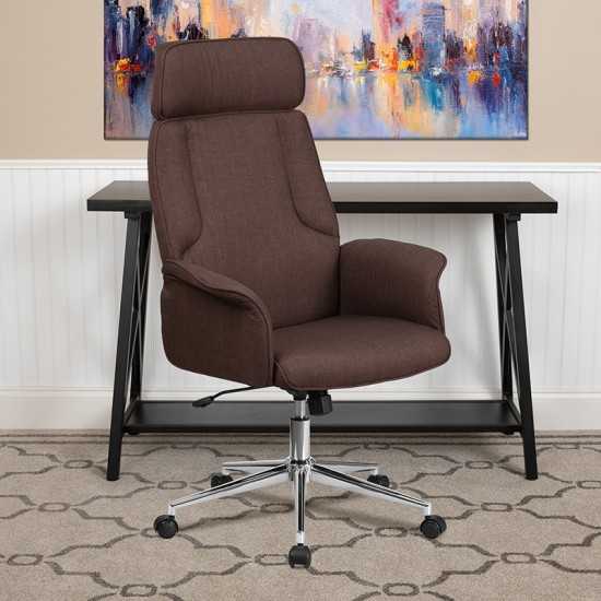 High Back Brown Fabric Executive Swivel Office Chair with Chrome Base and Fully Upholstered Arms