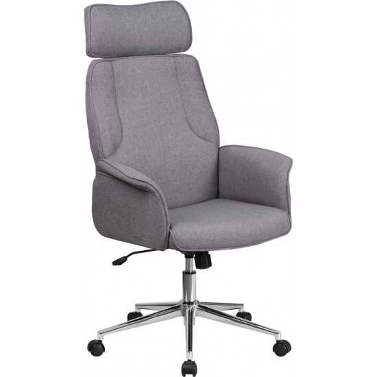 High Back Gray Fabric Executive Swivel Office Chair with Chrome Base and Fully Upholstered Arms