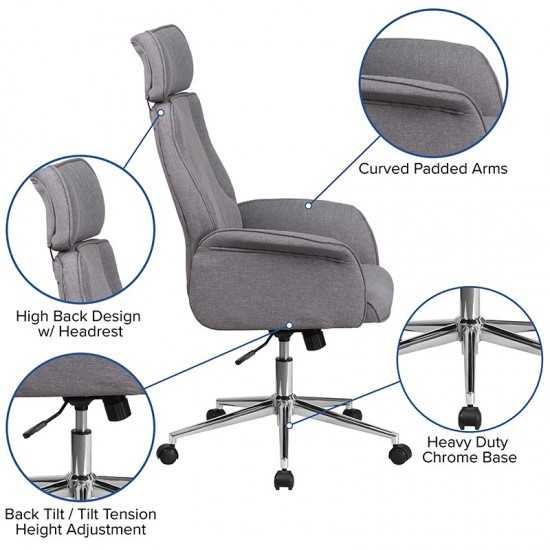 High Back Gray Fabric Executive Swivel Office Chair with Chrome Base and Fully Upholstered Arms