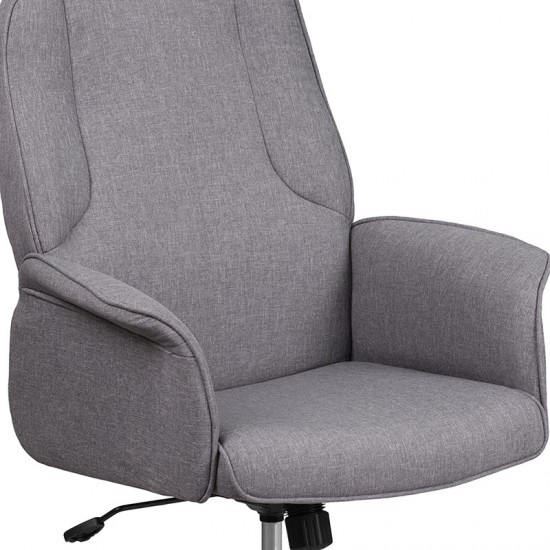 High Back Gray Fabric Executive Swivel Office Chair with Chrome Base and Fully Upholstered Arms