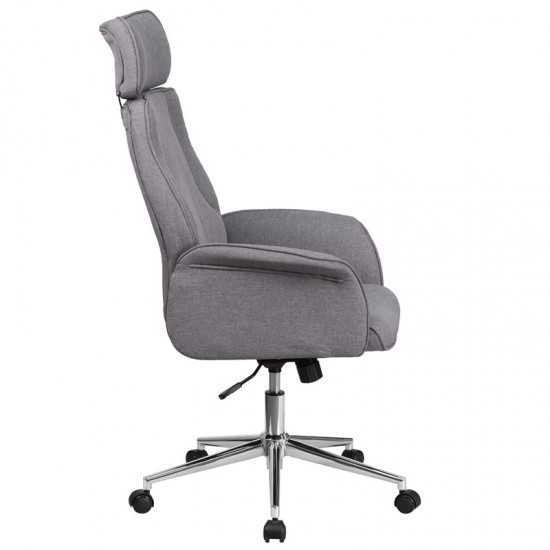 High Back Gray Fabric Executive Swivel Office Chair with Chrome Base and Fully Upholstered Arms