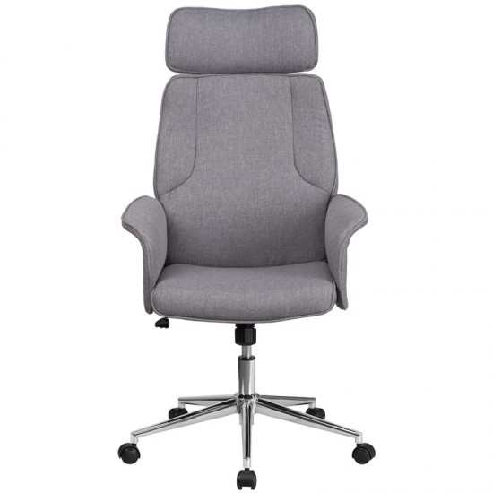 High Back Gray Fabric Executive Swivel Office Chair with Chrome Base and Fully Upholstered Arms