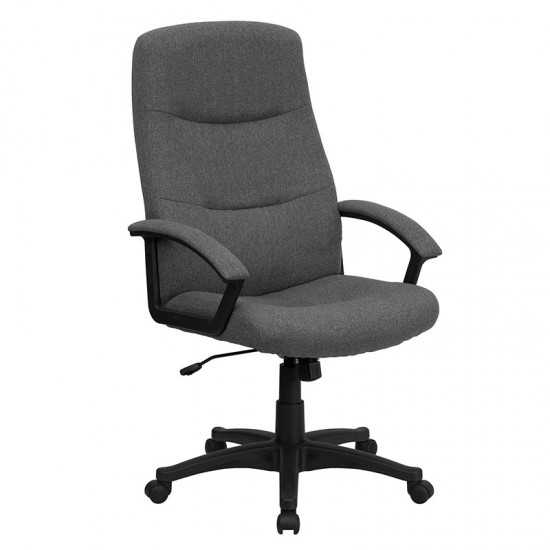 High Back Gray Fabric Executive Swivel Office Chair with Two Line Horizontal Stitch Back and Arms