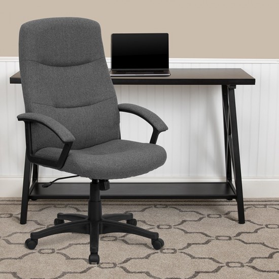 High Back Gray Fabric Executive Swivel Office Chair with Two Line Horizontal Stitch Back and Arms