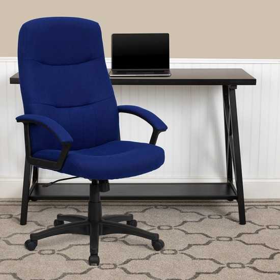 High Back Navy Blue Fabric Executive Swivel Office Chair with Two Line Horizontal Stitch Back and Arms