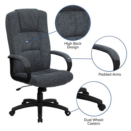 High Back Gray Fabric Executive Swivel Office Chair with Arms