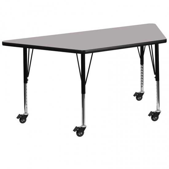 Mobile 29''W x 57''L Trapezoid Grey HP Laminate Activity Table - Height Adjustable Short Legs