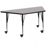 Mobile 29\'\'W x 57\'\'L Trapezoid Grey Thermal Laminate Activity Table - Height Adjustable Short Legs