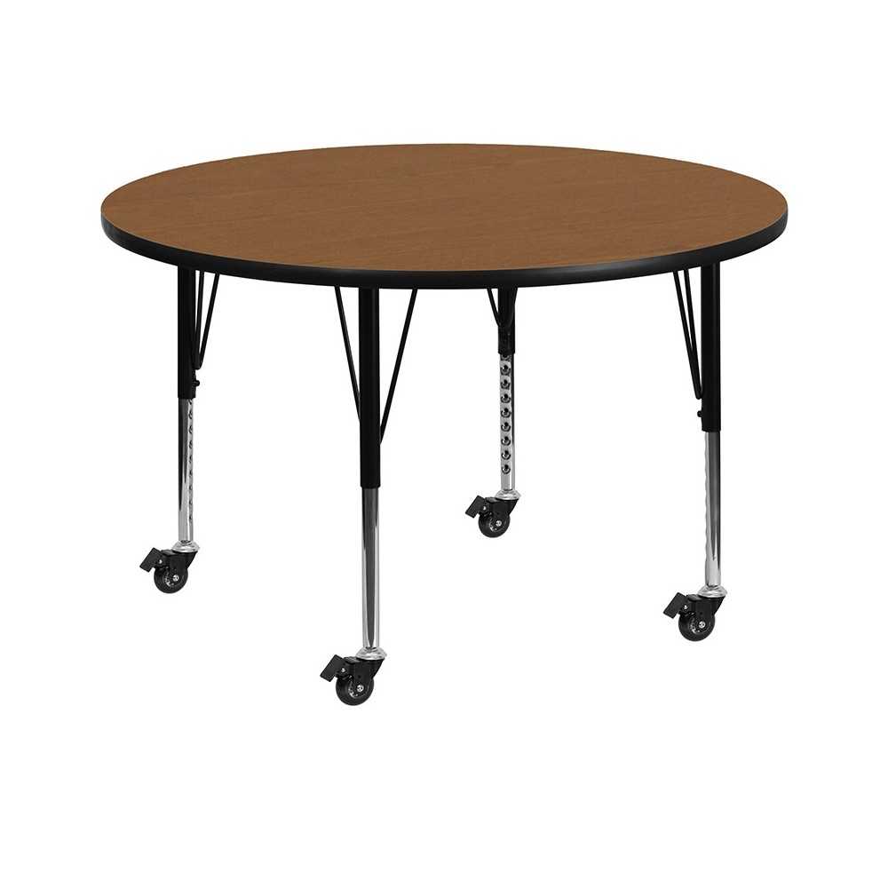 Mobile 42'' Round Oak Thermal Laminate Activity Table - Height Adjustable Short Legs