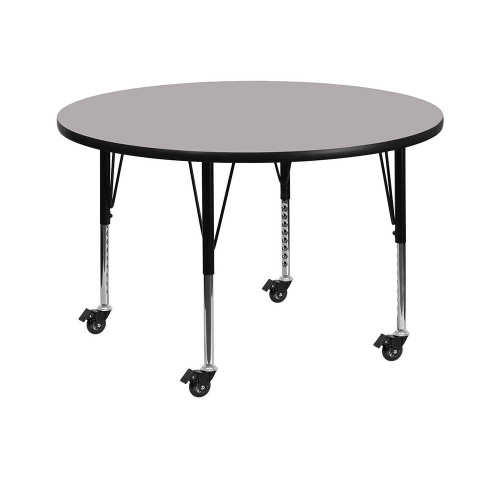 Mobile 48'' Round Grey Thermal Laminate Activity Table - Height Adjustable Short Legs