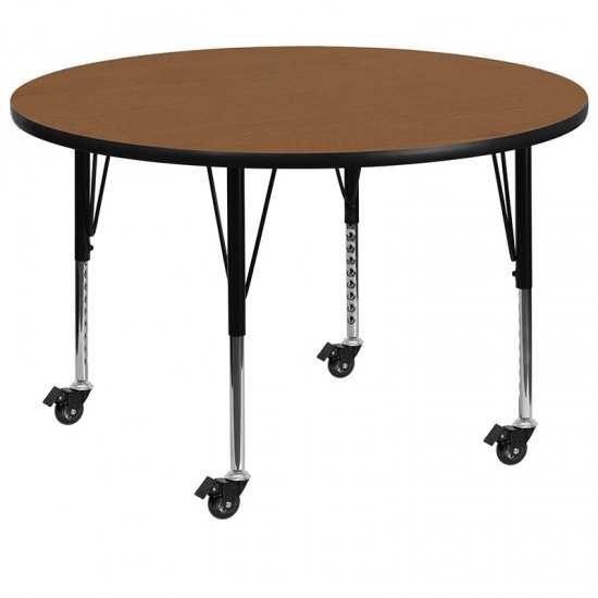 Mobile 48'' Round Oak Thermal Laminate Activity Table - Height Adjustable Short Legs