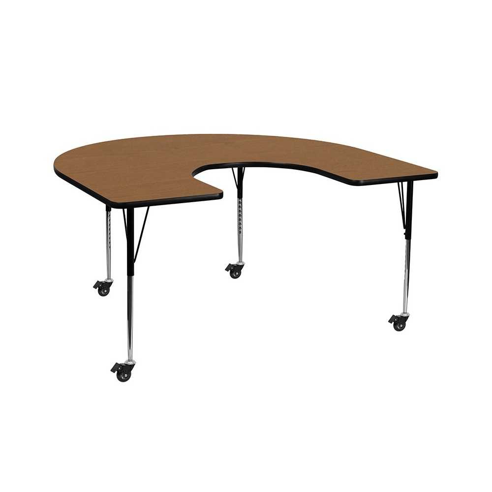 Mobile 60''W x 66''L Horseshoe Oak Thermal Laminate Activity Table - Standard Height Adjustable Legs