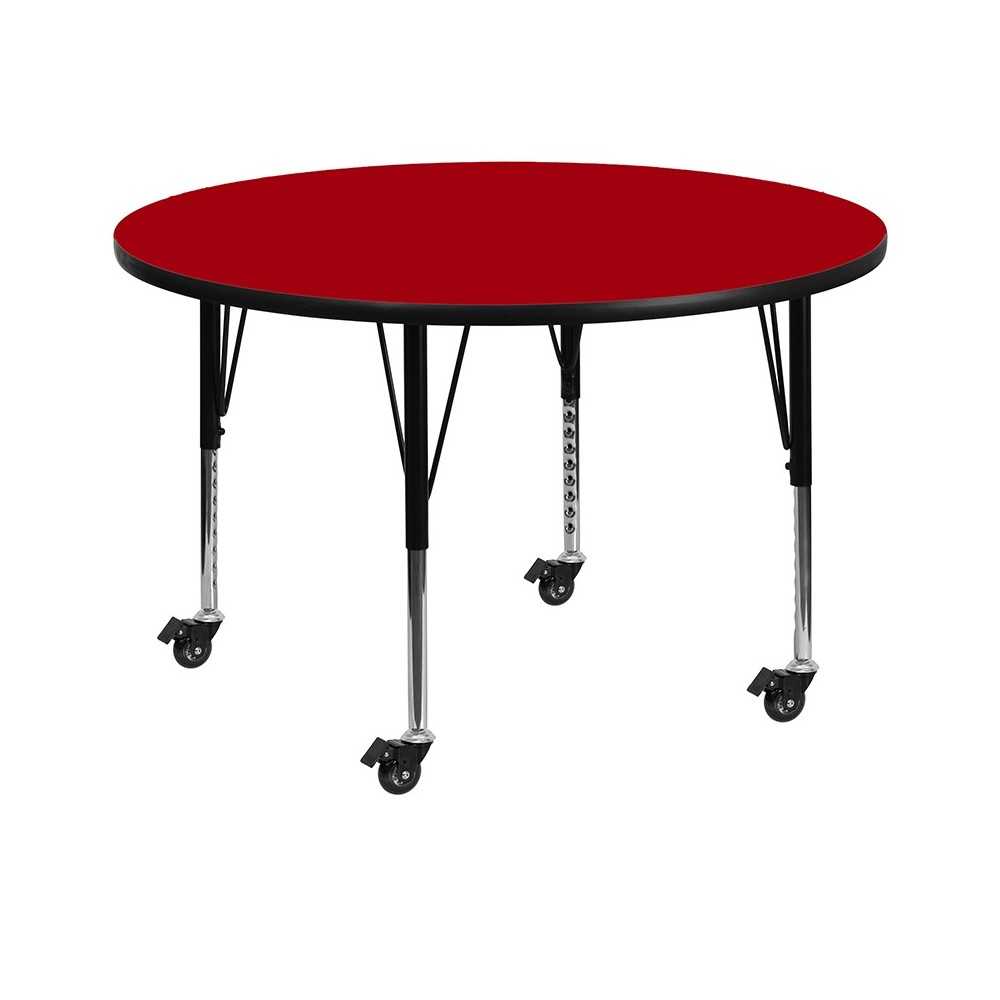 Mobile 60'' Round Red Thermal Laminate Activity Table - Height Adjustable Short Legs Mobile 60'' Round Red Thermal Laminate Activity Table - Height Adjustable Short Legs