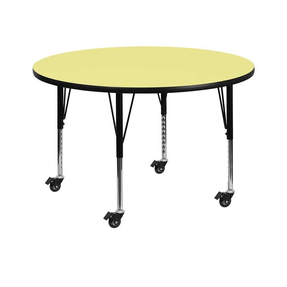 Mobile 60'' Round Yellow Thermal Laminate Activity Table - Height Adjustable Short Legs