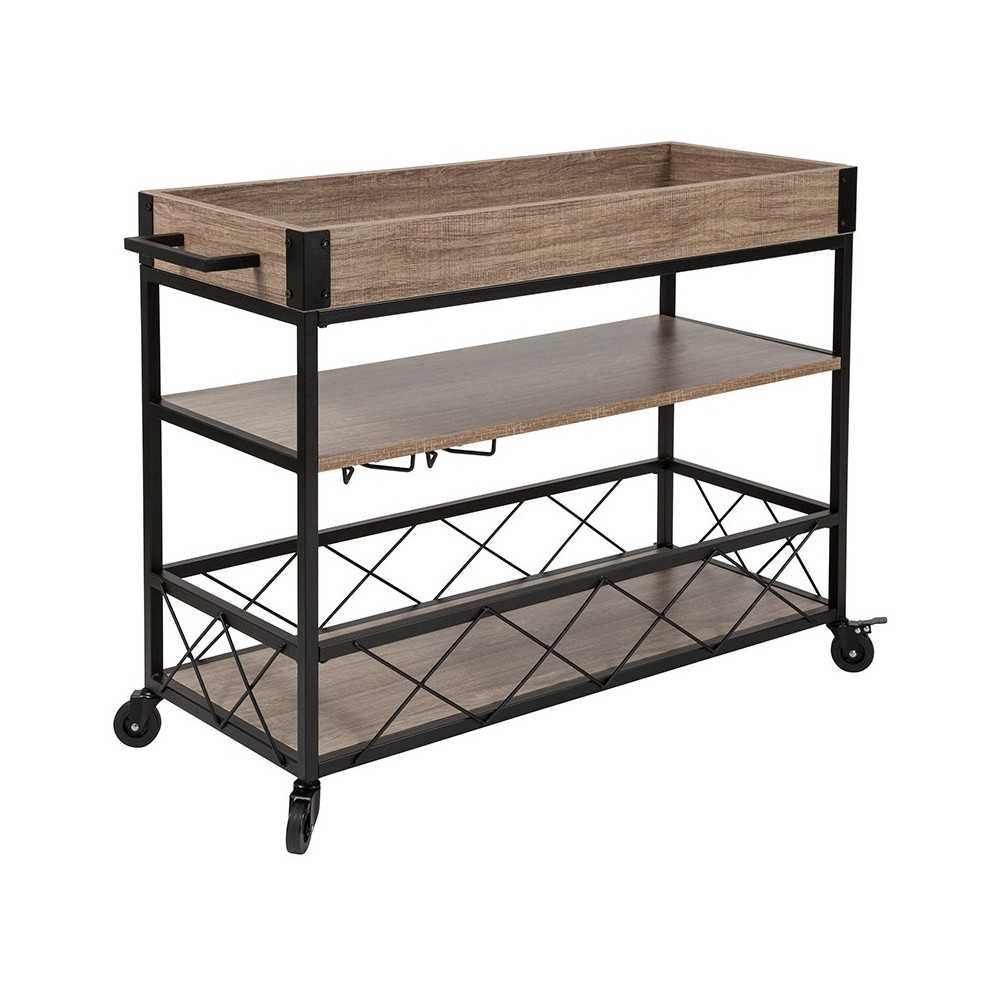 Buckhead Distressed Light Oak Wood and Iron Kitchen Serving and Bar Cart with Wine Glass Holders
