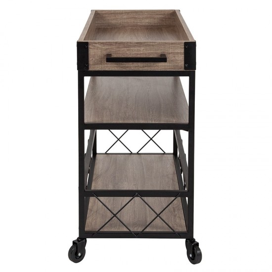 Buckhead Distressed Light Oak Wood and Iron Kitchen Serving and Bar Cart with Wine Glass Holders