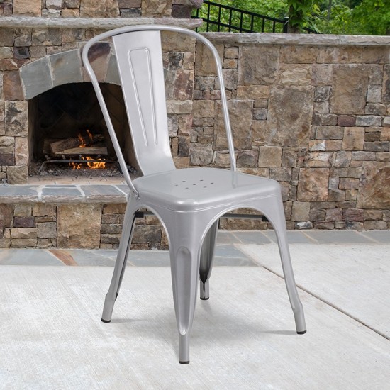 Commercial Grade Silver Metal Indoor-Outdoor Stackable Chair