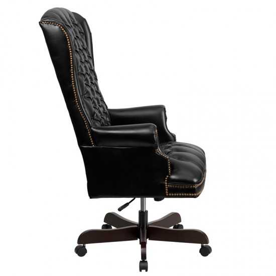 High Back Traditional Fully Tufted Black LeatherSoft Executive Swivel Ergonomic Office Chair with Arms