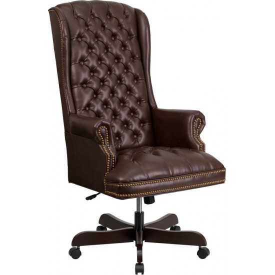 High Back Traditional Fully Tufted Brown LeatherSoft Executive Swivel Ergonomic Office Chair with Arms