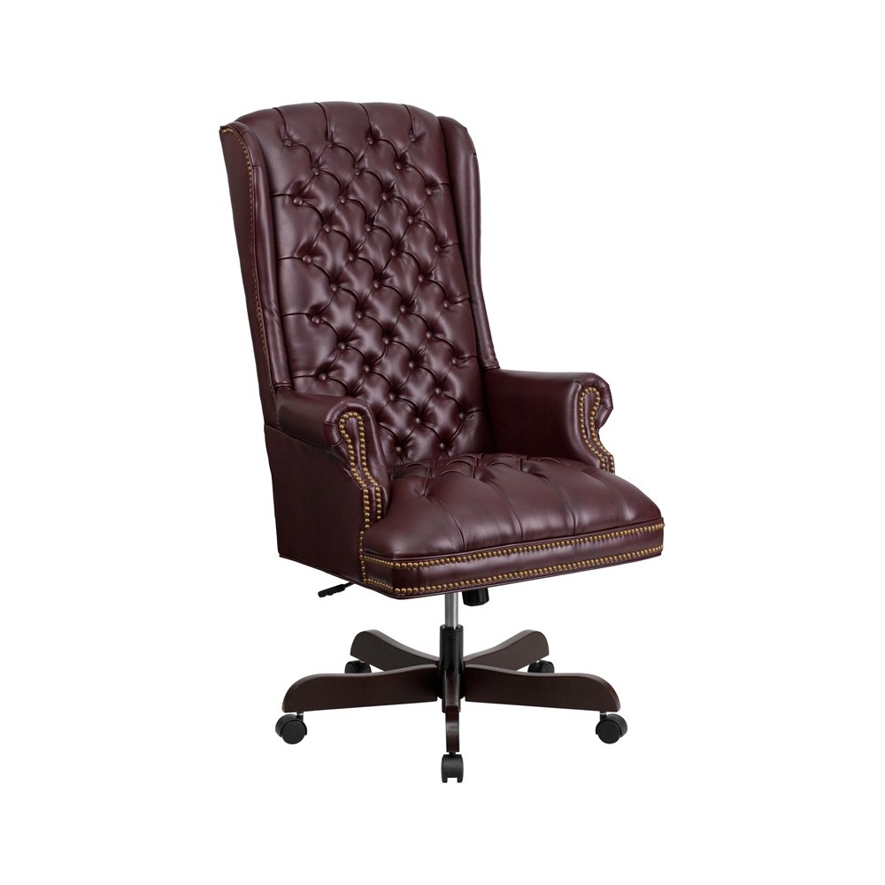 High Back Traditional Fully Tufted Burgundy LeatherSoft Executive Swivel Ergonomic Office Chair with Arms