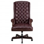 High Back Traditional Fully Tufted Burgundy LeatherSoft Executive Swivel Ergonomic Office Chair with Arms