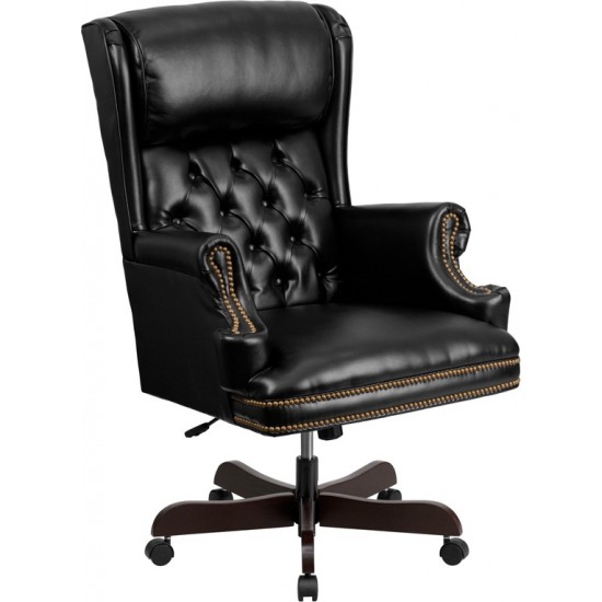 High Back Traditional Tufted Black LeatherSoft Executive Ergonomic Office Chair with Oversized Headrest & Nail Trim Arms