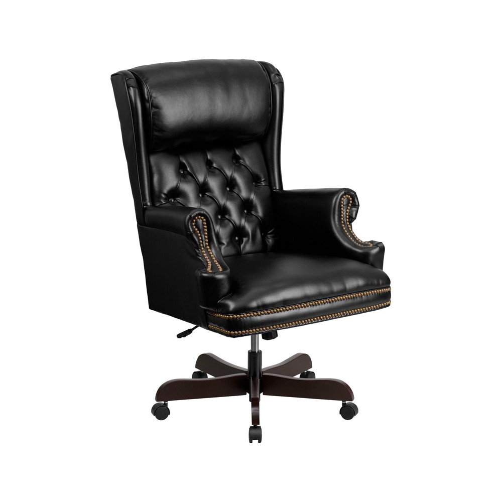 High Back Traditional Tufted Black LeatherSoft Executive Ergonomic Office Chair with Oversized Headrest & Nail Trim Arms