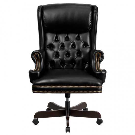 High Back Traditional Tufted Black LeatherSoft Executive Ergonomic Office Chair with Oversized Headrest & Nail Trim Arms