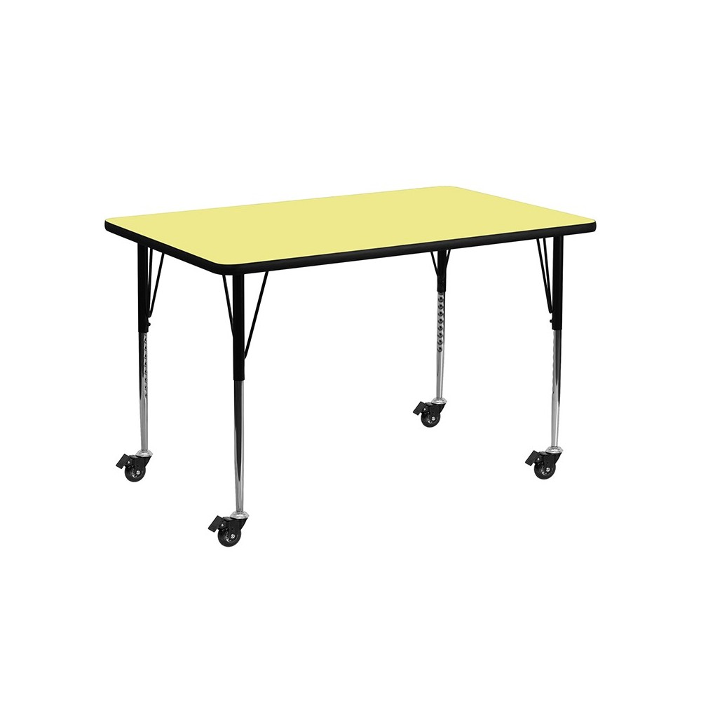 Mobile 24''W x 48''L Rectangular Yellow Thermal Laminate Activity Table - Standard Height Adjustable Legs