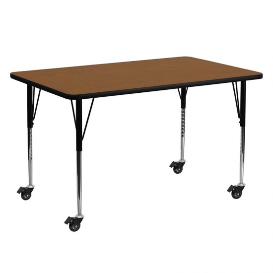 Mobile 24''W x 60''L Rectangular Oak HP Laminate Activity Table - Standard Height Adjustable Legs