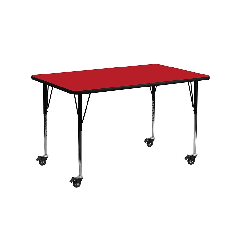 Mobile 24''W x 60''L Rectangular Red HP Laminate Activity Table - Standard Height Adjustable Legs
