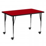 Mobile 30''W x 60''L Rectangular Red Thermal Laminate Activity Table - Standard Height Adjustable Legs