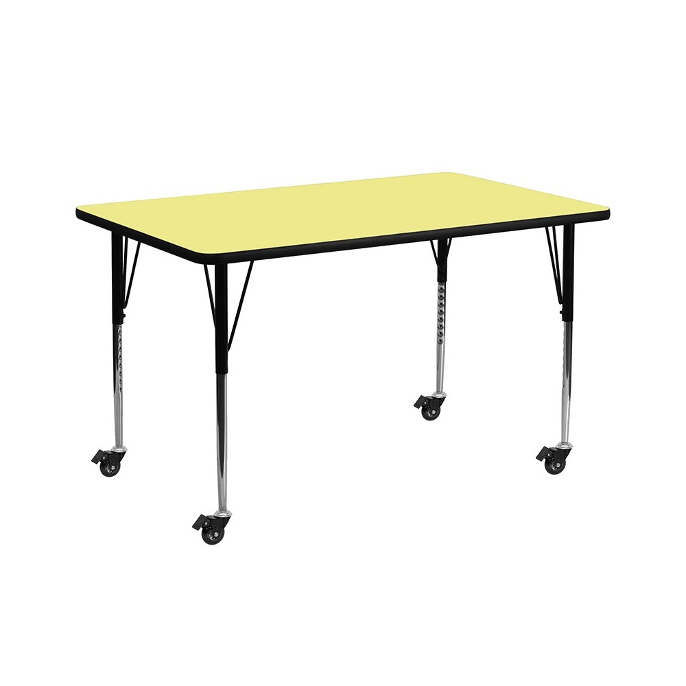 Mobile 30''W x 72''L Rectangular Yellow Thermal Laminate Activity Table - Standard Height Adjustable Legs