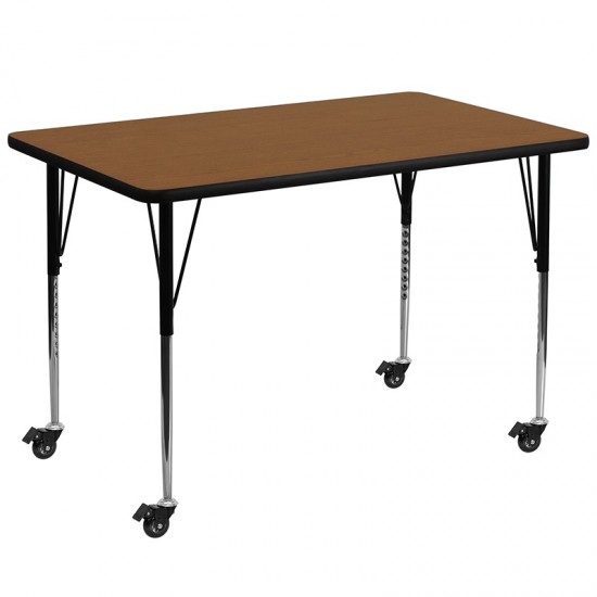 Mobile 36''W x 72''L Rectangular Oak HP Laminate Activity Table - Standard Height Adjustable Legs