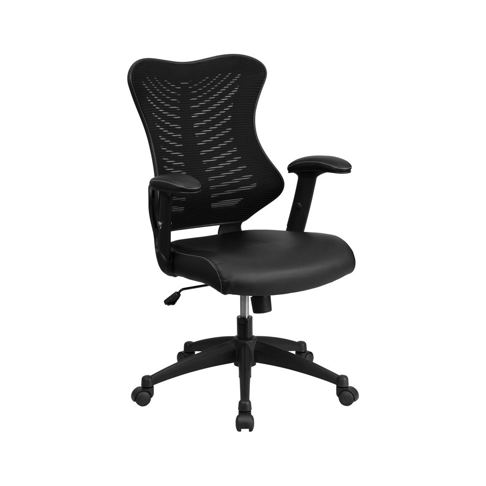 High Back Designer Black Mesh Executive Swivel Ergonomic Office Chair with LeatherSoft Seat and Adjustable Arms