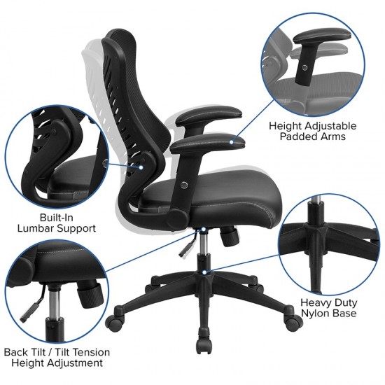 High Back Designer Black Mesh Executive Swivel Ergonomic Office Chair with LeatherSoft Seat and Adjustable Arms